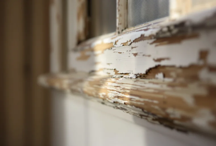 Châssis en bois ancien avec peinture écaillée nécessitant une rénovation à Wavre