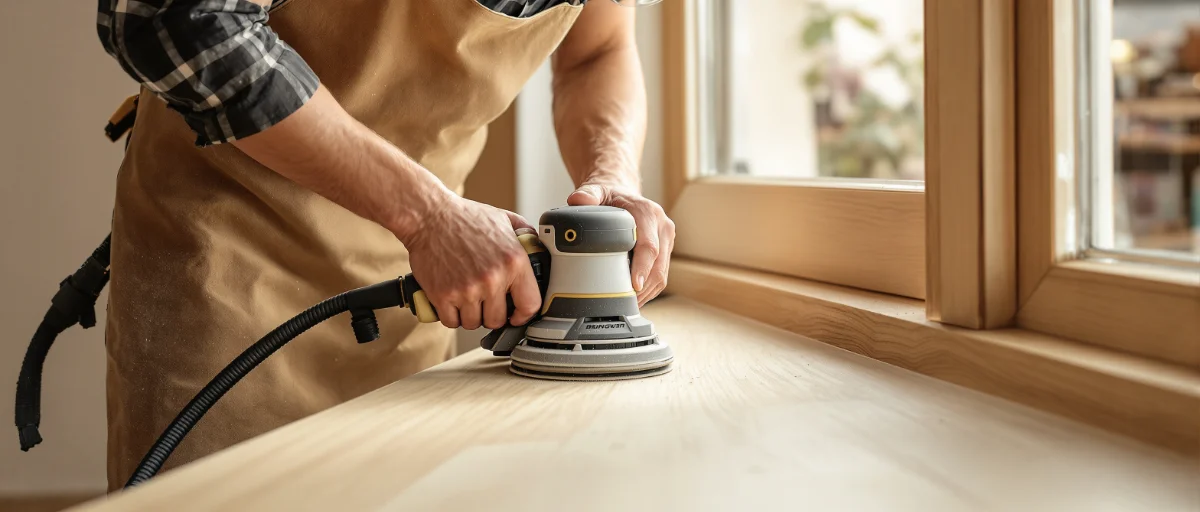 Artisan professionnel ponçant un châssis en bois lors d'une rénovation à Wavre