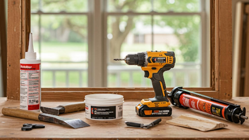 Essential window frame repair tools displayed on a workbench next to a window under repair in a Houston house